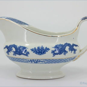 Booths - Blue Dragon - Gravy Boat - White ceramic gravy boat with blue floral and dragon design on a white background