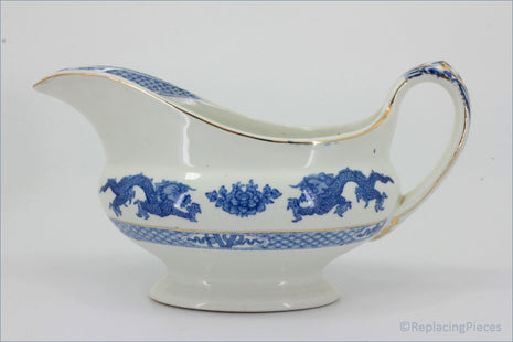 Booths - Blue Dragon - Gravy Boat - White ceramic gravy boat with blue floral and dragon design on a white background