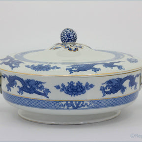 Booths - Blue Dragon - Lidded Vegetable Dish - Blue and white ceramic tureen with lid on a white background