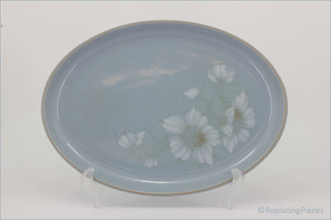 Denby - Blue Dawn - 12 7/8" Oval Platter - Decorative plate with floral design on a light blue background