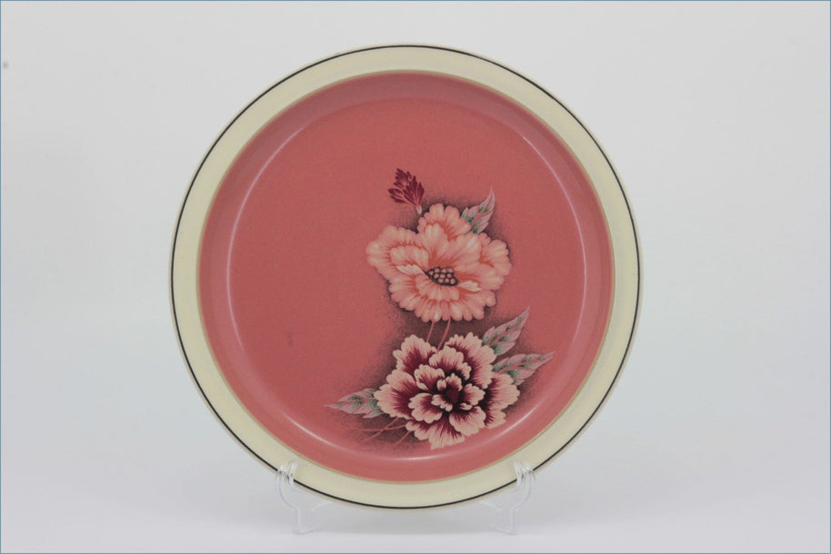 Denby - Damask - 8 1/2" Salad Plate - Decorative plate with floral design on a pink background