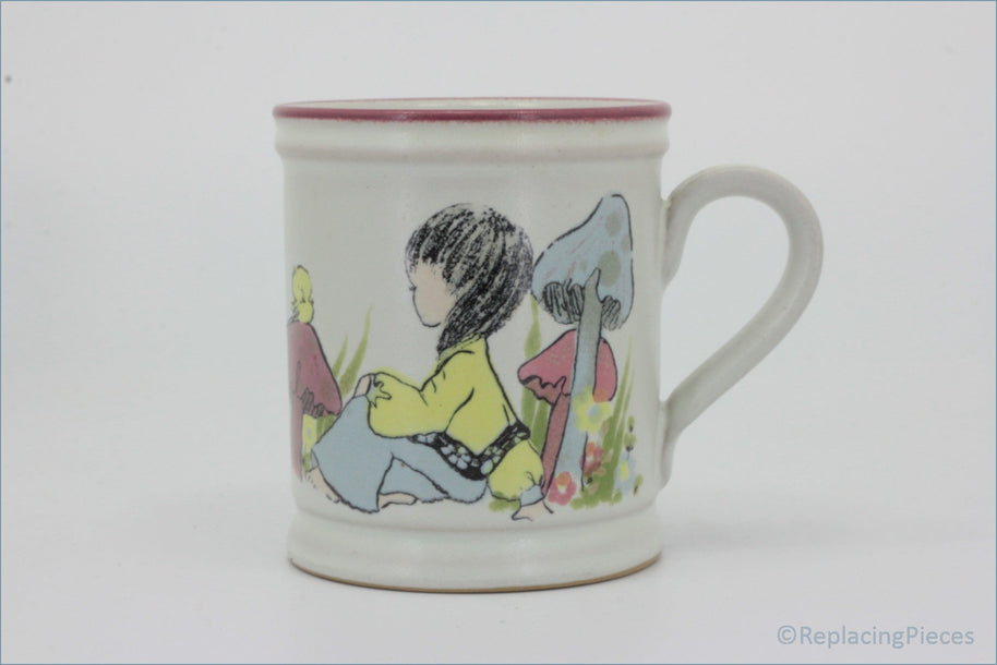 Denby - Dreamweavers - Mug (Pink) - Children's mug with a colorful illustration of a child playing in a garden on a white background