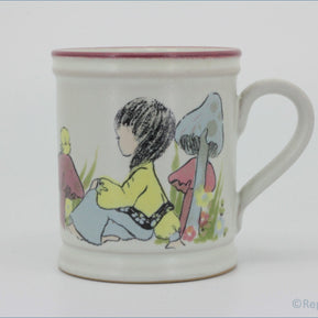 Denby - Dreamweavers - Mug (Pink) - Children's mug with a colorful illustration of a child playing in a garden on a white background