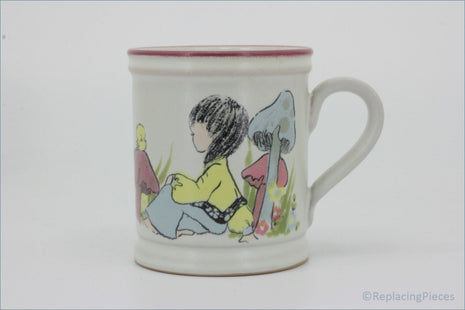 Denby - Dreamweavers - Mug (Pink) - Children's mug with a colorful illustration of a child playing in a garden on a white background