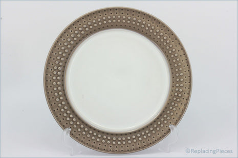 Denby - Intro (Mocha) - Dinner Plate  - Decorative ceramic plate with a brown rim featuring small dos on a white background.