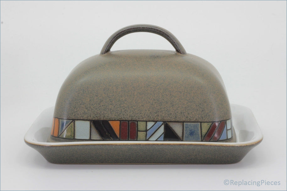 Denby - Marrakesh - Lidded Butter Dish - Ceramic butter dish with geometric mosaic design on a white background