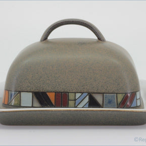 Denby - Marrakesh - Lidded Butter Dish - Ceramic butter dish with geometric mosaic design on a white background