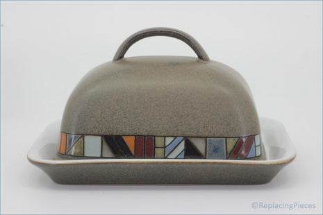 Denby - Marrakesh - Lidded Butter Dish - Ceramic butter dish with geometric mosaic design on a white background