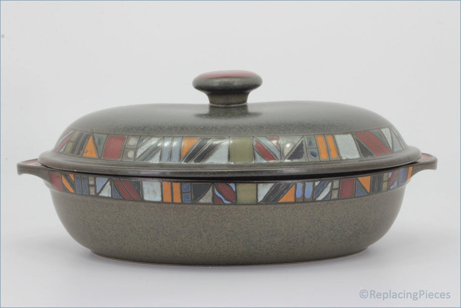 Denby - Marrakesh - Oval Casserole Dish - Gray ceramic casserole dish with a colorful geometric pattern on the lid against a white background