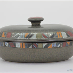 Denby - Marrakesh - Oval Casserole Dish - Gray ceramic casserole dish with a colorful geometric pattern on the lid against a white background