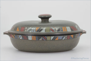 Denby - Marrakesh - Oval Casserole Dish - Gray ceramic casserole dish with a colorful geometric pattern on the lid against a white background