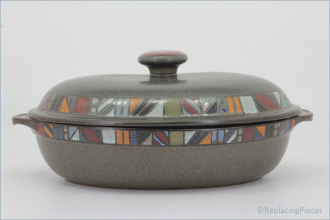 Denby - Marrakesh - Oval Casserole Dish - Gray ceramic casserole dish with a colorful geometric pattern on the lid against a white background