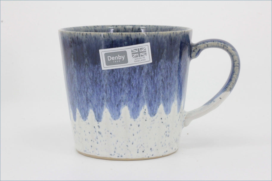 Denby - Studio (Blue Accent) - A ceramic coffee mug with a blue and white dripping glaze design