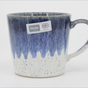 Denby - Studio (Blue Accent) - A ceramic coffee mug with a blue and white dripping glaze design