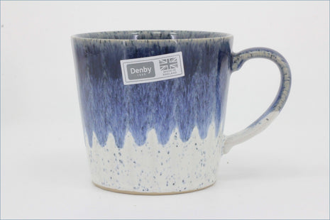 Denby - Studio (Blue Accent) - A ceramic coffee mug with a blue and white dripping glaze design