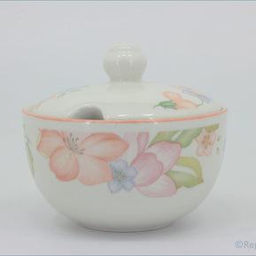 Marks & Spencer - Orange Blossom - Lidded Sugar Bowl - White ceramic sugar bowl with floral design on a white background