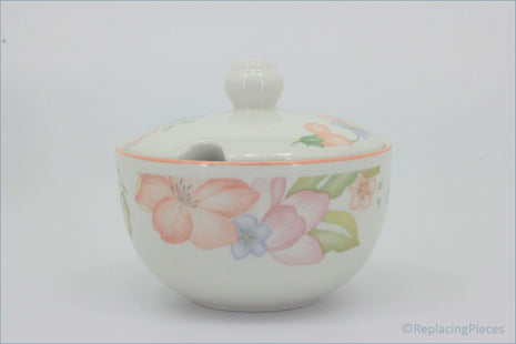 Marks & Spencer - Orange Blossom - Lidded Sugar Bowl - White ceramic sugar bowl with floral design on a white background