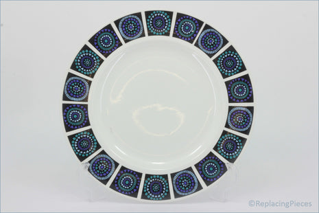Midwinter - Madeira - Dinner Plate  - White plate with decorative purple and blue circular patterns on a white background