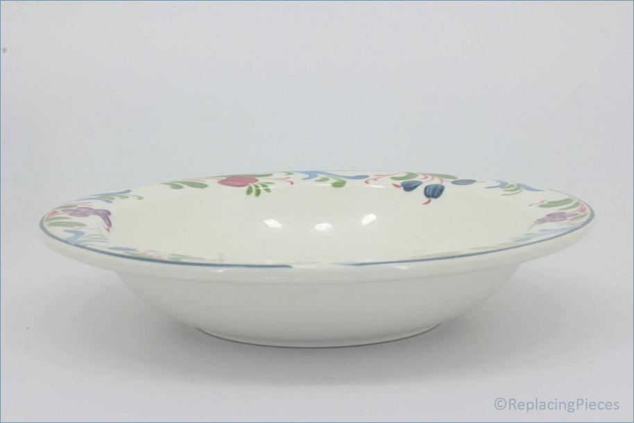 Poole - Cranborne - 7 1/2" Rimmed Bowl - White ceramic bowl with floral patterns on a white background
