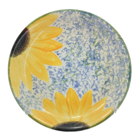 Poole - Vincent - Dinner Plate - Ceramic plate with sunflower design on a speckled blue and white background