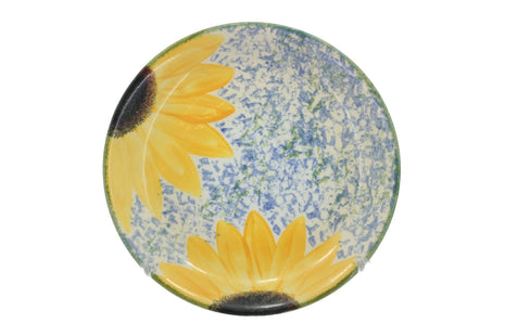 Poole - Vincent - Dinner Plate - Ceramic plate with sunflower design on a speckled blue and white background