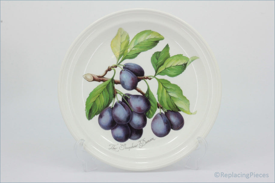 Decorative plate with a design of plums and leaves on a white background - Portmeirion - Pomona - Dinner Plate (The Shropshire Damson)