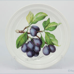 Decorative plate with a design of plums and leaves on a white background - Portmeirion - Pomona - Dinner Plate (The Shropshire Damson)