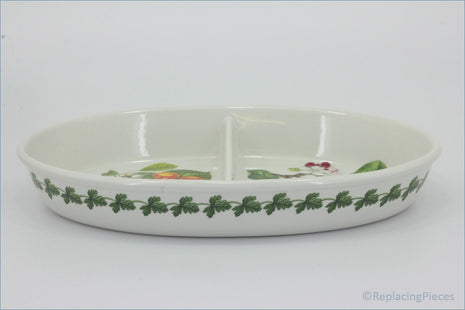 Portmeirion - Pomona - Oval Divided RoasterWhite ceramic platter with floral patterns on a white background- 