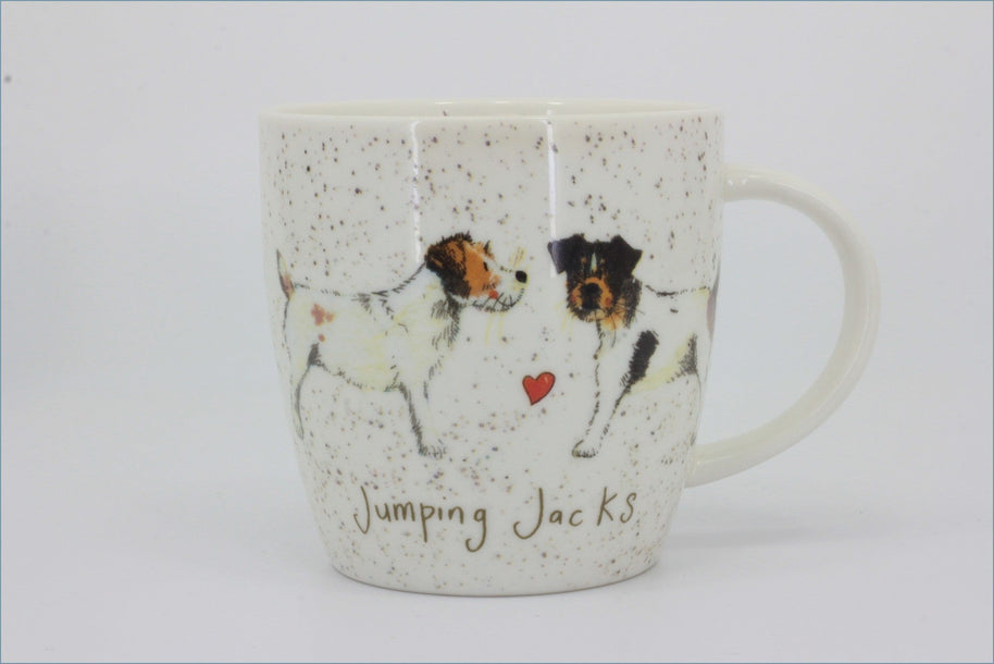 Queens - Delightful Dogs - Mug (Jumping Jacks) - Mug with illustrations of dogs and the text 'Jumping Jacks' on a white background