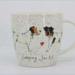 Queens - Delightful Dogs - Mug (Jumping Jacks) - Mug with illustrations of dogs and the text 'Jumping Jacks' on a white background