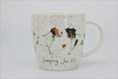 Queens - Delightful Dogs - Mug (Jumping Jacks) - Mug with illustrations of dogs and the text 'Jumping Jacks' on a white background