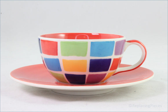 RPW181 - Whittards - Teacup & Saucer (Multi Coloured Squares - Red Saucer)