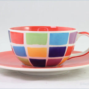 RPW181 - Whittards - Teacup & Saucer (Multi Coloured Squares - Red Saucer)
