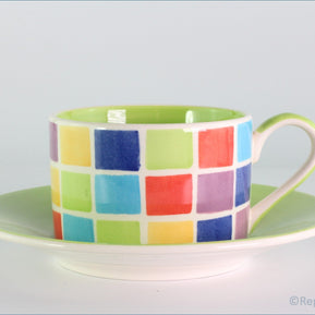 RPW253 - Whittards - Teacup And Saucer (Multi Coloured Squares - Green Interior)