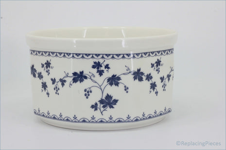 Royal Doulton - Hartford (LS1085) - Souffle Dish - White ceramic souffle dish with blue floral pattern on a white background