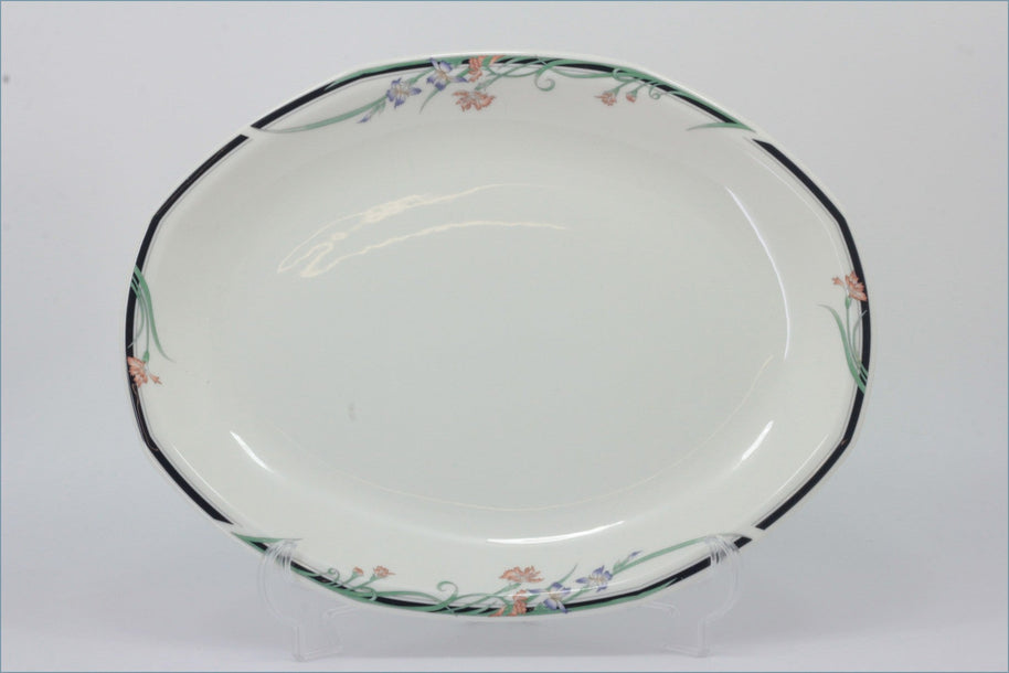 Royal Doulton - Juno - 13 1/2" Oval Platter  - White ceramic platter with floral rim design on a white background