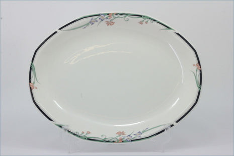 Royal Doulton - Juno - 13 1/2" Oval Platter  - White ceramic platter with floral rim design on a white background