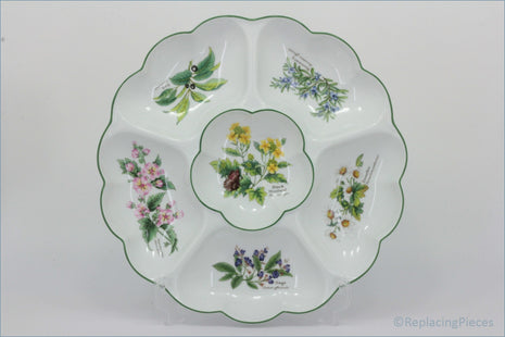 Royal Worcester - Worcester Herbs - 13 5/8" Hors D'oeuvre Dish  - Decorative ceramic plate with floral designs on a white background