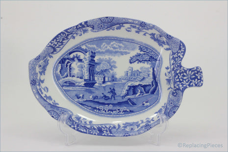 Spode - Italian - Leaf Dish - Blue and white decorative dish with pastoral scene on a white background