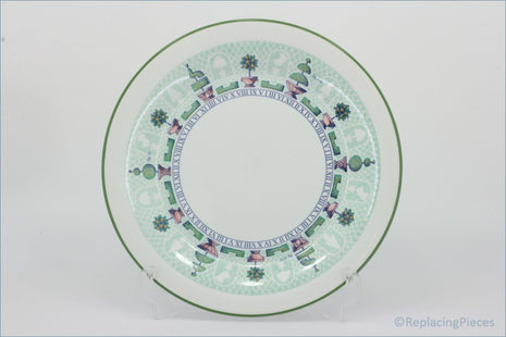 Staffordshire - Topiary - 11 3/4" Round Platter - Decorative plate with a green rim and intricate design on a white background