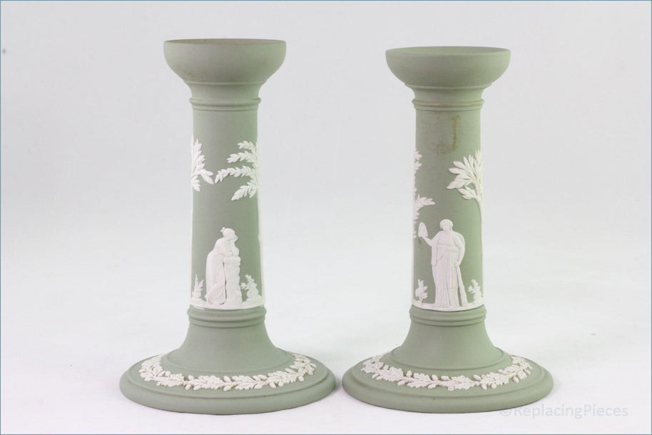 Wedgwood - Jasperware (Sage Green) - Pair Of Tall Candlesticks
