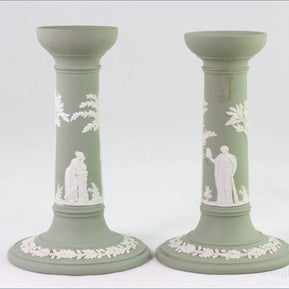 Wedgwood - Jasperware (Sage Green) - Pair Of Tall Candlesticks
