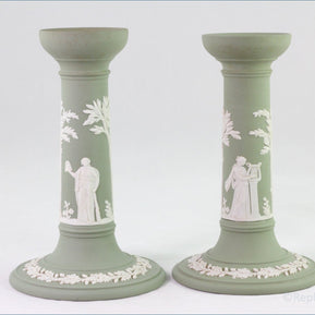 Wedgwood - Jasperware (Sage Green) - Pair Of Tall Candlesticks