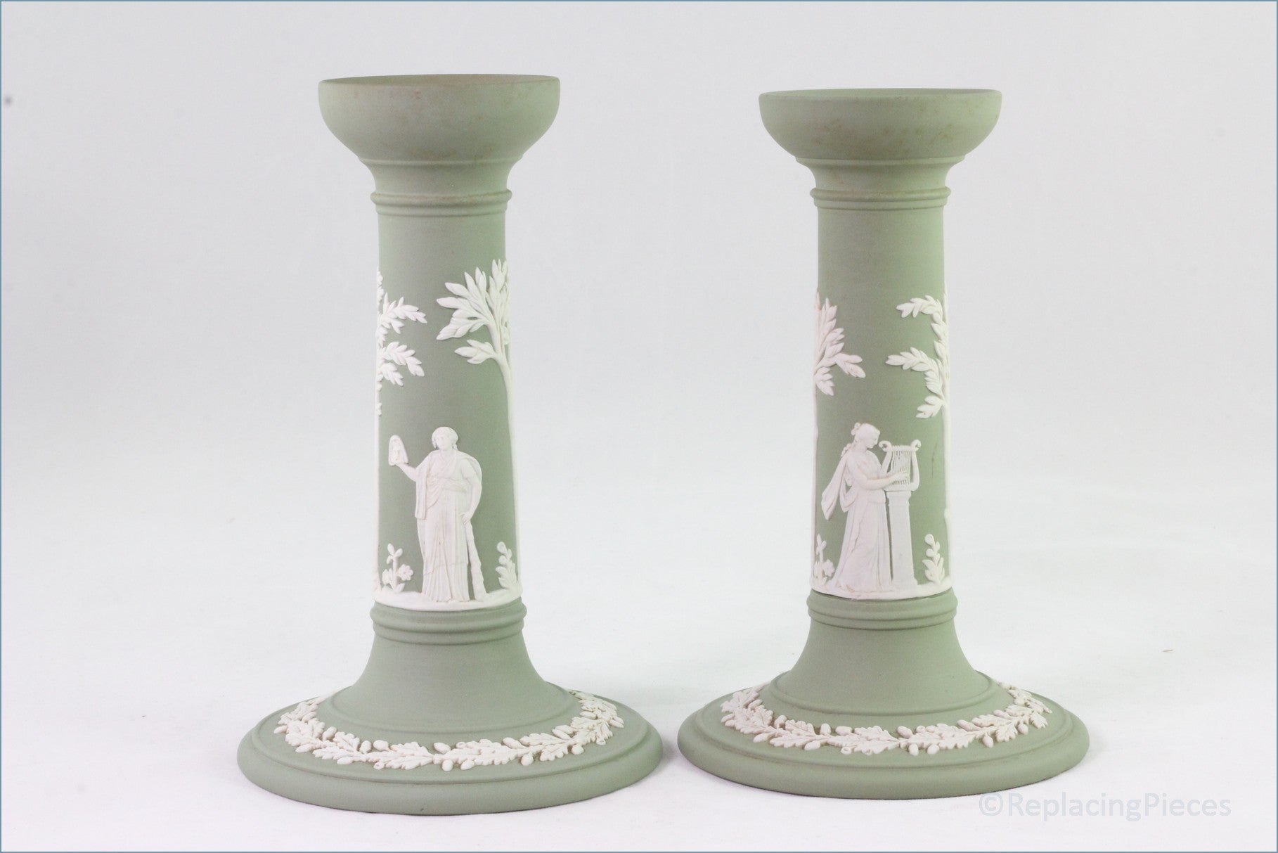 Wedgwood - Jasperware (Sage Green) - Pair Of Tall Candlesticks