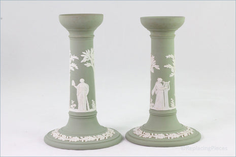 Wedgwood - Jasperware (Sage Green) - Pair Of Tall Candlesticks