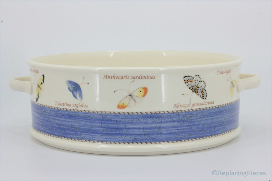 Wedgwood - Sarahs Garden - Stacking Casserole (No Lid) - Ceramic dish with butterfly designs and text on a white background