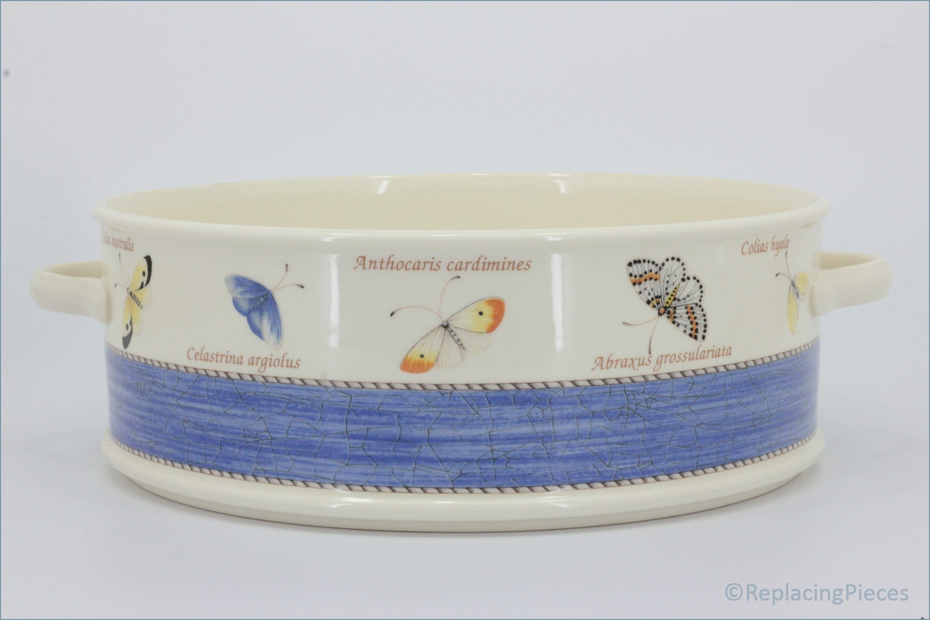 Wedgwood - Sarahs Garden - Stacking Casserole (No Lid) - Ceramic dish with butterfly designs and text on a white background