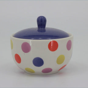 RPW281 - Whittards - Lidded Sugar Bowl (Purple Multi Coloured Spot) 