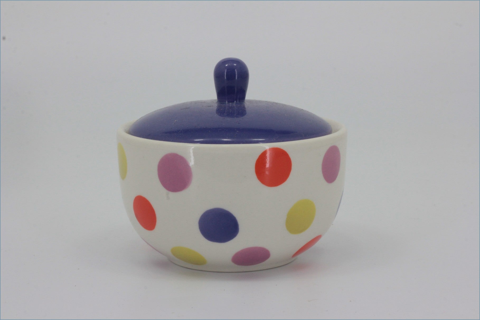 RPW281 - Whittards - Lidded Sugar Bowl (Purple Multi Coloured Spot) 